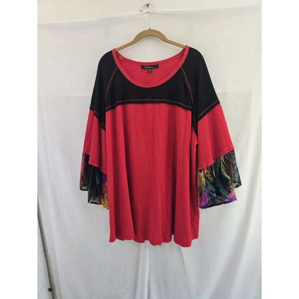 Calessa Black/red Stretchy Tunic Shirt 3/4sleeve Lace Detail. Ladies Sz 2x - Picture 2 of 10
